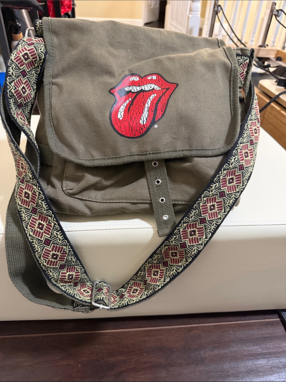 Olive Green Canvas Messenger Bag with Red Graphic Tongue Accent